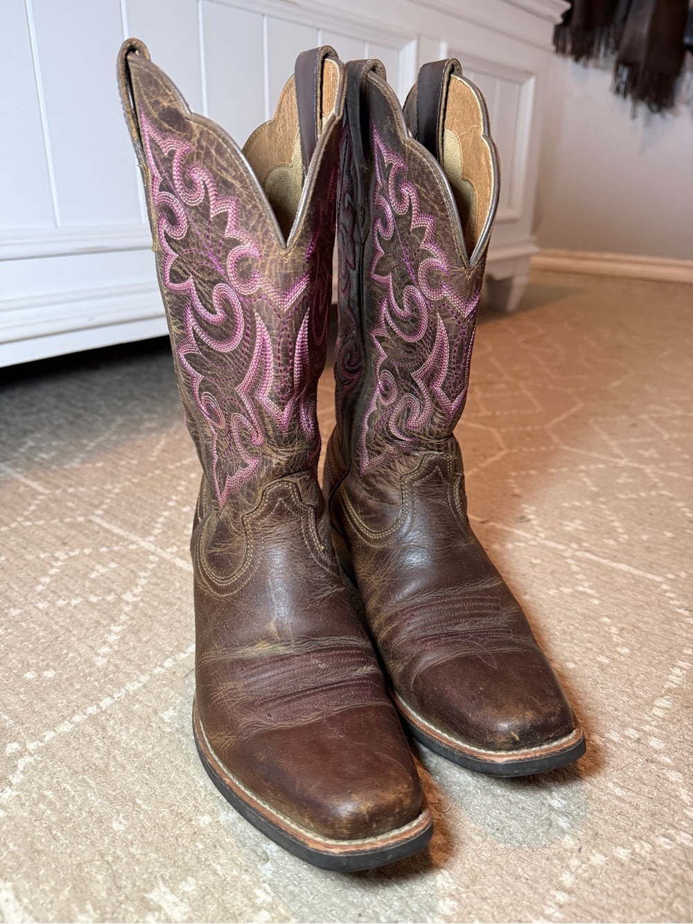 Ariat Brown Leather Western Boots with Pink Stitching